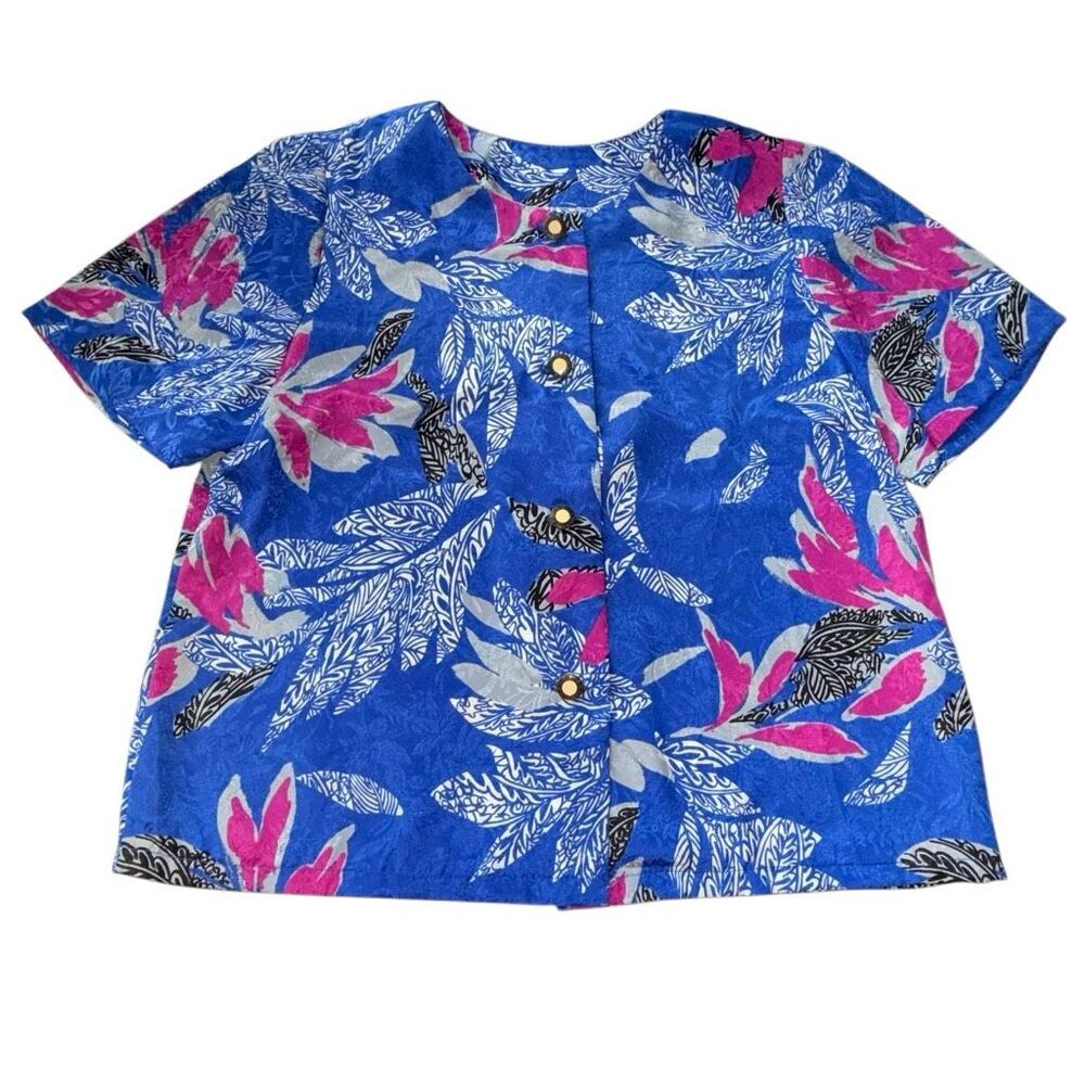 Vintage 1950s Buttondown Blouse Satin Colorful Royal Blue Dopamine Floral SP